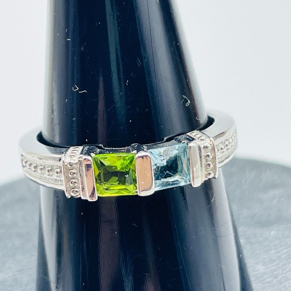 Sterling Silver Ring Size 8 Blue Green Princess Cut Crystal Band 925 Forever